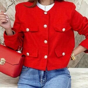 Red Elegant Women's Casual Tweed Jacket Decorated Long Sleeves Coat